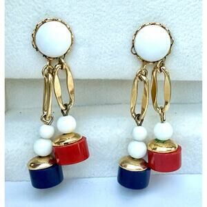 Vintage screw-clip dangle earrings red white blue beads gold tone patriotic mod